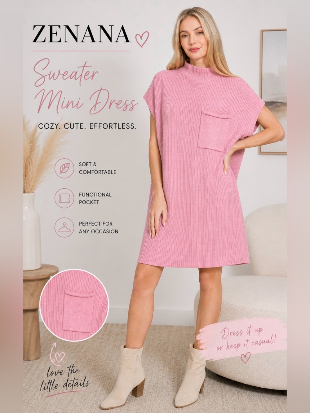 Zenana Short Sleeve Sweater Mini Dress Mock Neck Knit Light Pink Sz S, M, L